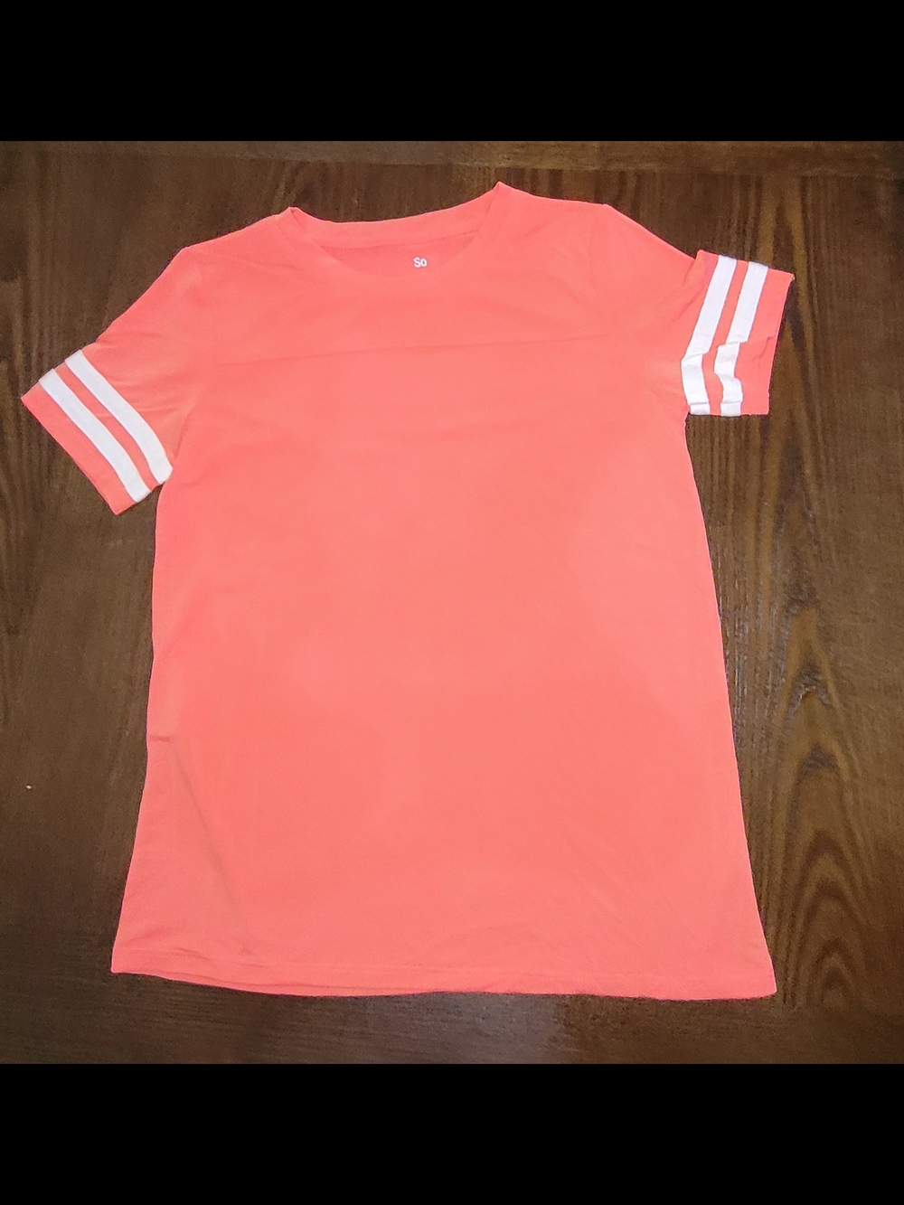 Girls' Coral Short Sleeve Tee with White Sleeve Stripes - Casual Everyday Top